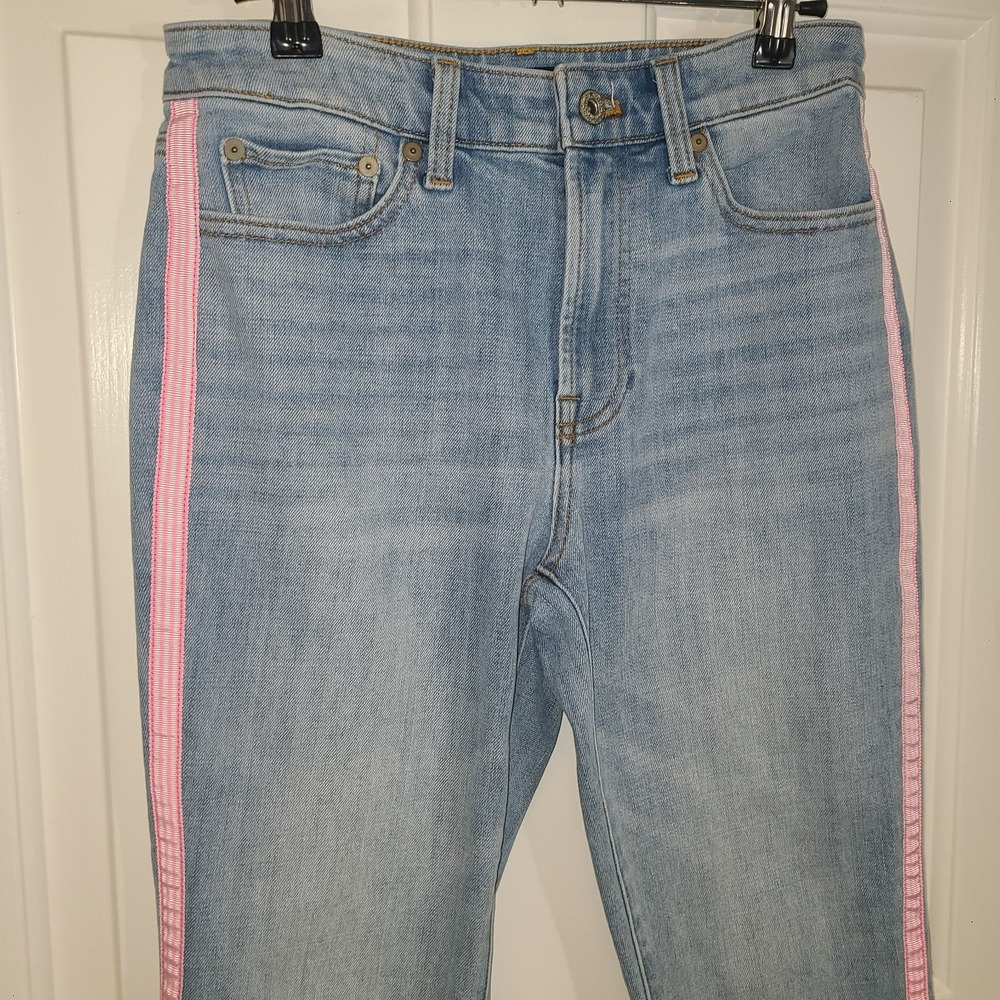 Talbots Modern Ankle Jeans Embellished Pink Pinstripe Sides Ribbon Size 2P